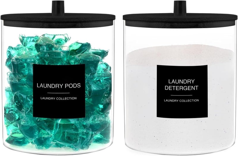 TIPGO Glass Jars for Laundry Room Organization, Laundry Pods Container with 27 Labels, Detergent Holder with Bamboo Lid, Cute Storage Jars, Black (Set of 2) - Image 1